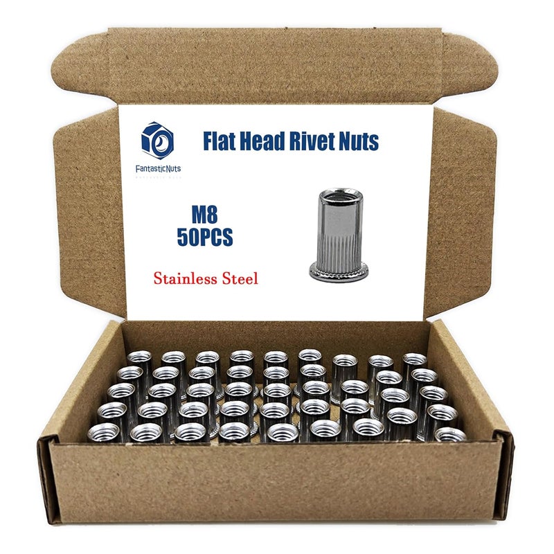 ELEFOCUS M8 x 1.25 50PCS Metric Rivet Nut Ass 304 Stainless Steel Flat Head Threaded Rivet Insert Knurled Rivet Nuts - Image 1